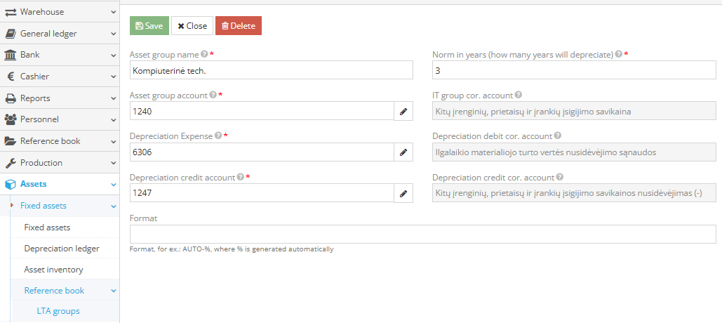 Fixed asset group creation window